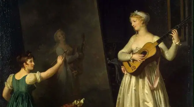"Painter when painting a portrait of a lute player" by Marguerite Gérard (featured)