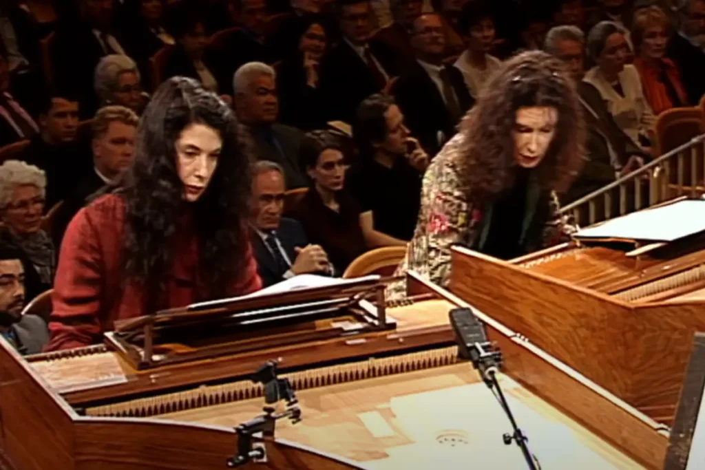 Katia and Marielle Labèque perform Bach Concerto for 2 Harpsichords & Strings in C Major, BWV 1061